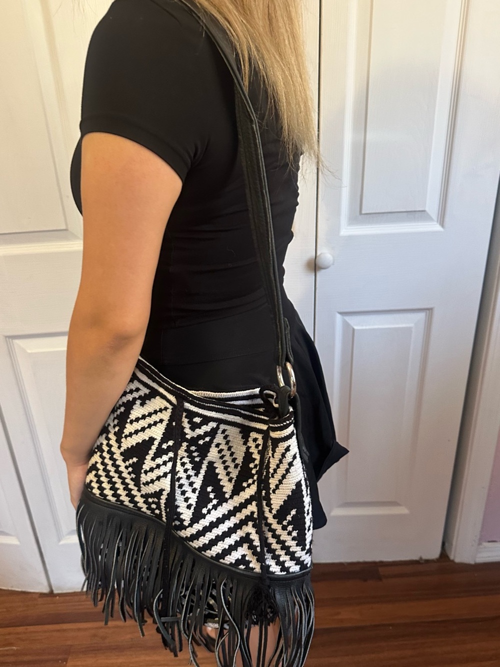 Colombian Wayuu boho bag with leather fringe